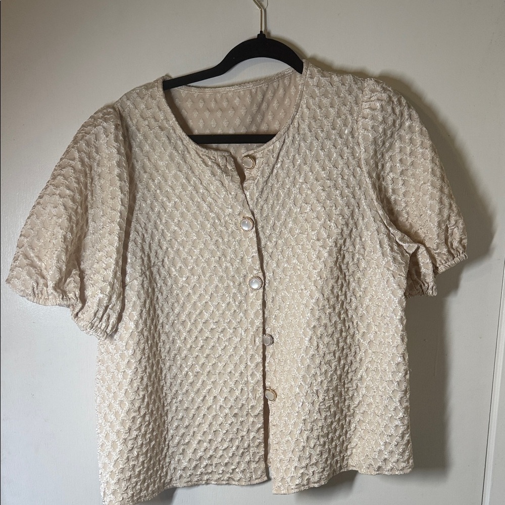 SHEIN Cream Textured Button-Up Blouse